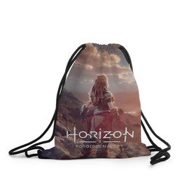 Рюкзак-мешок 3D с принтом Horizon Forbidden West в Курске, 100% полиэстер | плотность ткани — 200 г/м2, размер — 35 х 45 см; лямки — толстые шнурки, застежка на шнуровке, без карманов и подкладки | Тематика изображения на принте: aloy | guerrilla games | horizon forbidden west | hunt | zero dawn | горизонт | запретный запад | игры | нулевой рассвет | охота | элой