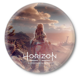 Значок с принтом Horizon Forbidden West в Курске,  металл | круглая форма, металлическая застежка в виде булавки | Тематика изображения на принте: aloy | guerrilla games | horizon forbidden west | hunt | zero dawn | горизонт | запретный запад | игры | нулевой рассвет | охота | элой