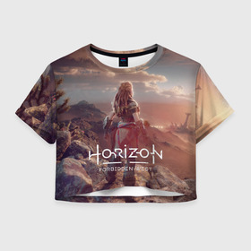 Женская футболка Crop-top 3D с принтом Horizon Forbidden West в Курске, 100% полиэстер | круглая горловина, длина футболки до линии талии, рукава с отворотами | Тематика изображения на принте: aloy | guerrilla games | horizon forbidden west | hunt | zero dawn | горизонт | запретный запад | игры | нулевой рассвет | охота | элой