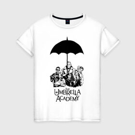 Женская футболка хлопок с принтом Академия Амбрелла в Курске, 100% хлопок | прямой крой, круглый вырез горловины, длина до линии бедер, слегка спущенное плечо | the umbrella academy | umbrella | академия амбрелла | амбрелла | герб | зонтик
