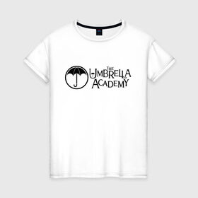 Женская футболка хлопок с принтом Академия Амбрелла в Курске, 100% хлопок | прямой крой, круглый вырез горловины, длина до линии бедер, слегка спущенное плечо | Тематика изображения на принте: the umbrella academy | umbrella | академия амбрелла | амбрелла | герб | зонтик