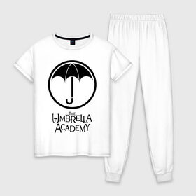 Женская пижама хлопок с принтом Академия Амбрелла в Курске, 100% хлопок | брюки и футболка прямого кроя, без карманов, на брюках мягкая резинка на поясе и по низу штанин | the umbrella academy | umbrella | академия амбрелла | амбрелла | герб | зонтик