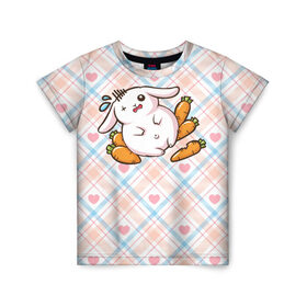 Детская футболка 3D с принтом Зайка обжора в Курске, 100% гипоаллергенный полиэфир | прямой крой, круглый вырез горловины, длина до линии бедер, чуть спущенное плечо, ткань немного тянется | веган | вегетарианец | животное | зайцы | зайчик | зайчонок | заяц | кролик | кроль | крольчонок | овощи | пушистик