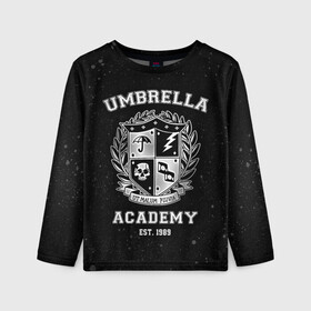 Детский лонгслив 3D с принтом Академия Амбрелла в Курске, 100% полиэстер | длинные рукава, круглый вырез горловины, полуприлегающий силуэт
 | the umbrella academy | umbrella | академия амбрелла | амбрелла | герб | зонтик