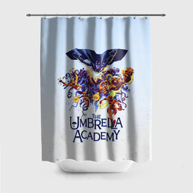 Штора 3D для ванной с принтом Академия Амбрелла в Курске, 100% полиэстер | плотность материала — 100 г/м2. Стандартный размер — 146 см х 180 см. По верхнему краю — пластиковые люверсы для креплений. В комплекте 10 пластиковых колец | the umbrella academy | umbrella | академия амбрелла | амбрелла | зонтик | комиксы