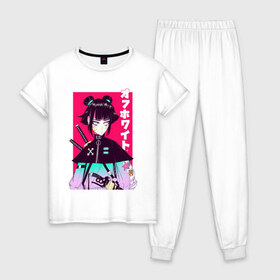 Женская пижама хлопок с принтом Девушка самурай в Курске, 100% хлопок | брюки и футболка прямого кроя, без карманов, на брюках мягкая резинка на поясе и по низу штанин | aesthetic | anime | art | girl | sword