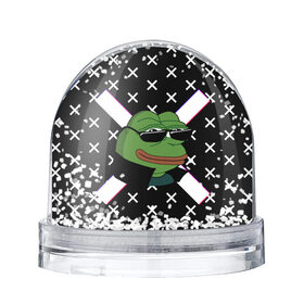 Снежный шар с принтом Pepe в очках EZ в Курске, Пластик | Изображение внутри шара печатается на глянцевой фотобумаге с двух сторон | ez | glitch | pepe | pepe frog | pepe в очках | silvername | twitch emout | жабка в очках | крестики