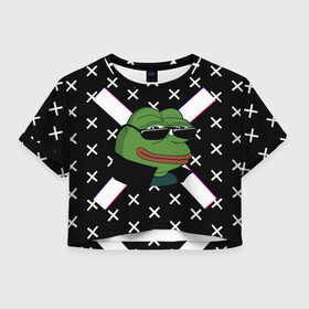 Женская футболка Crop-top 3D с принтом Pepe в очках EZ в Курске, 100% полиэстер | круглая горловина, длина футболки до линии талии, рукава с отворотами | ez | glitch | pepe | pepe frog | pepe в очках | silvername | twitch emout | жабка в очках | крестики