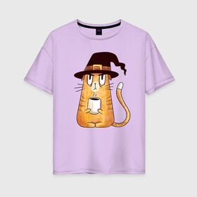 Женская футболка хлопок Oversize с принтом Сердитый котик с кофе в Курске, 100% хлопок | свободный крой, круглый ворот, спущенный рукав, длина до линии бедер
 | cat | coffee | grumpy | hot | kitten | kitty | pussycat | witch | ароматный | в колпаке | в шляпе | ведьма | горячий | злой | кот | котик | котэ | кофе | кофеек | кошка | кружка | милый | не выспался | недовольный | прикол | сердитый