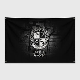 Флаг-баннер с принтом Академия Амбрелла в Курске, 100% полиэстер | размер 67 х 109 см, плотность ткани — 95 г/м2; по краям флага есть четыре люверса для крепления | Тематика изображения на принте: the umbrella academy | umbrella | академия амбрелла | амбрелла | герб | зонтик | комиксы
