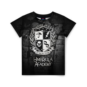 Детская футболка 3D с принтом Академия Амбрелла в Курске, 100% гипоаллергенный полиэфир | прямой крой, круглый вырез горловины, длина до линии бедер, чуть спущенное плечо, ткань немного тянется | the umbrella academy | umbrella | академия амбрелла | амбрелла | герб | зонтик | комиксы