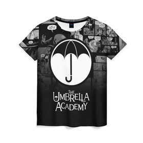 Женская футболка 3D с принтом Академия Амбрелла в Курске, 100% полиэфир ( синтетическое хлопкоподобное полотно) | прямой крой, круглый вырез горловины, длина до линии бедер | the umbrella academy | umbrella | академия амбрелла | амбрелла | герб | зонтик | комиксы