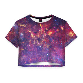 Женская футболка Crop-top 3D с принтом Огненный разлом в Курске, 100% полиэстер | круглая горловина, длина футболки до линии талии, рукава с отворотами | арт | желтый | звёзды | космос | красный | облако | синий | сияние | фиолетовый | яркие цвета