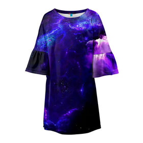 Детское платье 3D с принтом Космическое небо в Курске, 100% полиэстер | прямой силуэт, чуть расширенный к низу. Круглая горловина, на рукавах — воланы | арт | звёзды | иний | космос | облако | розовый | сияние | тёмный | туманность | фиолоетовый | черный | яркие цвета