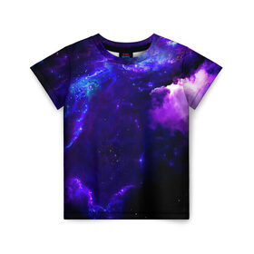Детская футболка 3D с принтом Космическое небо в Курске, 100% гипоаллергенный полиэфир | прямой крой, круглый вырез горловины, длина до линии бедер, чуть спущенное плечо, ткань немного тянется | Тематика изображения на принте: арт | звёзды | иний | космос | облако | розовый | сияние | тёмный | туманность | фиолоетовый | черный | яркие цвета