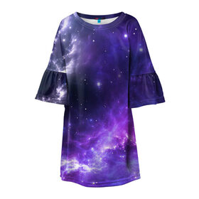 Детское платье 3D с принтом Космическое небо в Курске, 100% полиэстер | прямой силуэт, чуть расширенный к низу. Круглая горловина, на рукавах — воланы | арт | белый | бирюзовый | звёзды | космос | облако | розовый | синий | сияние | тёмный | туманность | фиолетовый | яркие цвета