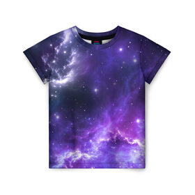Детская футболка 3D с принтом Космическое небо в Курске, 100% гипоаллергенный полиэфир | прямой крой, круглый вырез горловины, длина до линии бедер, чуть спущенное плечо, ткань немного тянется | арт | белый | бирюзовый | звёзды | космос | облако | розовый | синий | сияние | тёмный | туманность | фиолетовый | яркие цвета