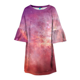Детское платье 3D с принтом Космическое небо в Курске, 100% полиэстер | прямой силуэт, чуть расширенный к низу. Круглая горловина, на рукавах — воланы | арт | желтый | звёзды | космос | облако | оранжевый | розовый | сияние | туманность | фиолетовый | яркие цвета