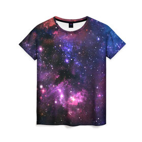 Женская футболка 3D с принтом Космическое небо в Курске, 100% полиэфир ( синтетическое хлопкоподобное полотно) | прямой крой, круглый вырез горловины, длина до линии бедер | Тематика изображения на принте: арт | звёзды | космос | красный | облако | розовый | синий | сияние | темный | туманность | фиолетовый | яркие цвета