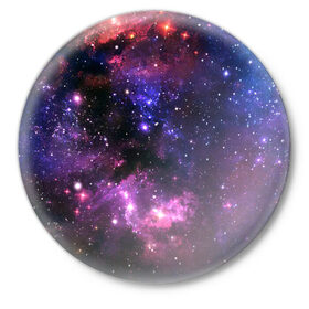 Значок с принтом Космическое небо в Курске,  металл | круглая форма, металлическая застежка в виде булавки | арт | звёзды | космос | красный | облако | розовый | синий | сияние | темный | туманность | фиолетовый | яркие цвета