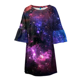 Детское платье 3D с принтом Космическое небо в Курске, 100% полиэстер | прямой силуэт, чуть расширенный к низу. Круглая горловина, на рукавах — воланы | Тематика изображения на принте: арт | звёзды | космос | красный | облако | розовый | синий | сияние | темный | туманность | фиолетовый | яркие цвета