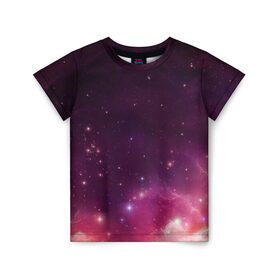 Детская футболка 3D с принтом Космическая вспышка в Курске, 100% гипоаллергенный полиэфир | прямой крой, круглый вырез горловины, длина до линии бедер, чуть спущенное плечо, ткань немного тянется | арт | желтый | звёзды | космос | красный | облако | розовый | сияние | фиолетовый | яркие цвета
