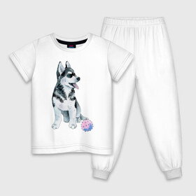 Детская пижама хлопок с принтом Хаски в Курске, 100% хлопок |  брюки и футболка прямого кроя, без карманов, на брюках мягкая резинка на поясе и по низу штанин
 | животные | песокафе | рисунок | собаки | хаски
