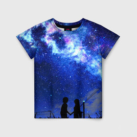 Детская футболка 3D с принтом Ночное  Небо в Курске, 100% гипоаллергенный полиэфир | прямой крой, круглый вырез горловины, длина до линии бедер, чуть спущенное плечо, ткань немного тянется | Тематика изображения на принте: blue | sky | башни | звездное небо | звезды | космическое | красота | небо | ночь | синий