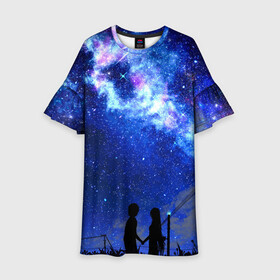 Детское платье 3D с принтом Ночное  Небо в Курске, 100% полиэстер | прямой силуэт, чуть расширенный к низу. Круглая горловина, на рукавах — воланы | Тематика изображения на принте: blue | sky | башни | звездное небо | звезды | космическое | красота | небо | ночь | синий