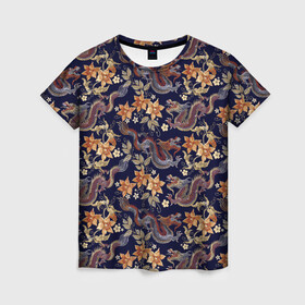 Женская футболка 3D с принтом Драконы и цветы в Курске, 100% полиэфир ( синтетическое хлопкоподобное полотно) | прямой крой, круглый вырез горловины, длина до линии бедер | азиатский узор | азия | дракон | китай | китайский дракон | паттерн | цветы
