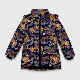 Зимняя куртка для девочек 3D с принтом Драконы и цветы в Курске, ткань верха — 100% полиэстер; подклад — 100% полиэстер, утеплитель — 100% полиэстер. | длина ниже бедра, удлиненная спинка, воротник стойка и отстегивающийся капюшон. Есть боковые карманы с листочкой на кнопках, утяжки по низу изделия и внутренний карман на молнии. 

Предусмотрены светоотражающий принт на спинке, радужный светоотражающий элемент на пуллере молнии и на резинке для утяжки. | азиатский узор | азия | дракон | китай | китайский дракон | паттерн | цветы