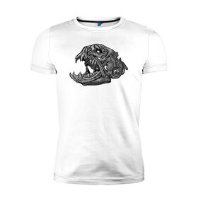 Мужская футболка премиум с принтом Архаичная рыба в Курске, 92% хлопок, 8% лайкра | приталенный силуэт, круглый вырез ворота, длина до линии бедра, короткий рукав | голова | гравюра | зубы | кости | рыба | скелет | череп