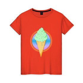 Женская футболка хлопок с принтом Мятное мороженое в Курске, 100% хлопок | прямой крой, круглый вырез горловины, длина до линии бедер, слегка спущенное плечо | вафля | вкусно | круг | лето | мороженое | подтеки | посыпка | свечение | сладости