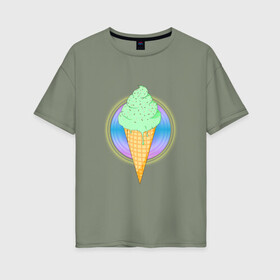 Женская футболка хлопок Oversize с принтом Мятное мороженое в Курске, 100% хлопок | свободный крой, круглый ворот, спущенный рукав, длина до линии бедер
 | вафля | вкусно | круг | лето | мороженое | подтеки | посыпка | свечение | сладости