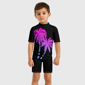 Детский купальный костюм 3D с принтом Sunset on the Beach в Курске, Полиэстер 85%, Спандекс 15% | застежка на молнии на спине | градиент | закат | минимализм | пальмы | ретро | солнце | фиолетовый