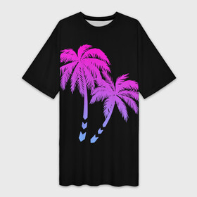 Платье-футболка 3D с принтом Sunset on the Beach в Курске,  |  | градиент | закат | минимализм | пальмы | ретро | солнце | фиолетовый