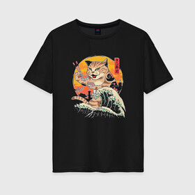 Женская футболка хлопок Oversize с принтом Great Cat Wave в Курске, 100% хлопок | свободный крой, круглый ворот, спущенный рукав, длина до линии бедер
 | Тематика изображения на принте: anime | art | cat | cats | great wave | hokusai | japan | japanese | kanagawa | kanji | sushi | арт | большая | в японском стиле | великая | волна | ест суши | иероглифы | канагава | кандзи | китайские | кот | котенок | кошка | палочки | суши