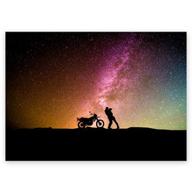 Поздравительная открытка с принтом Звёздный пейзаж в Курске, 100% бумага | плотность бумаги 280 г/м2, матовая, на обратной стороне линовка и место для марки
 | astronomy | байк | вселенная | звезда | звёзды | космос | любовь | люди | мопед | мото | мотоцикл | пейзаж | свидание | человек