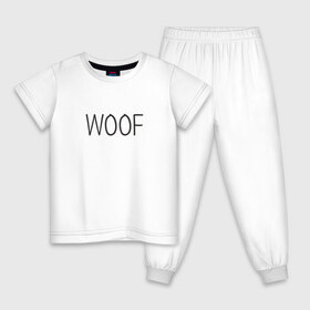 Детская пижама хлопок с принтом Woof в Курске, 100% хлопок |  брюки и футболка прямого кроя, без карманов, на брюках мягкая резинка на поясе и по низу штанин
 | woof | животные | звери | надпись | пёс | песокафе | питомцы | собака | собаки | собачка | щенок