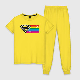 Женская пижама хлопок с принтом Superman Rainbow Logo в Курске, 100% хлопок | брюки и футболка прямого кроя, без карманов, на брюках мягкая резинка на поясе и по низу штанин | Тематика изображения на принте: dc pride | justice league | pride | superman | vdosadir | лига справедливости | прайд | радуга | супермен