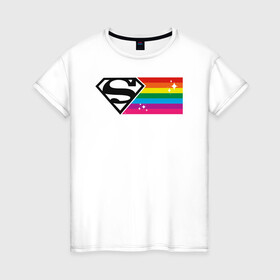 Женская футболка хлопок с принтом Superman Rainbow Logo в Курске, 100% хлопок | прямой крой, круглый вырез горловины, длина до линии бедер, слегка спущенное плечо | Тематика изображения на принте: dc pride | justice league | pride | superman | vdosadir | лига справедливости | прайд | радуга | супермен