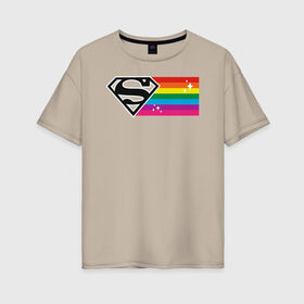 Женская футболка хлопок Oversize с принтом Superman Rainbow Logo в Курске, 100% хлопок | свободный крой, круглый ворот, спущенный рукав, длина до линии бедер
 | Тематика изображения на принте: dc pride | justice league | pride | superman | vdosadir | лига справедливости | прайд | радуга | супермен