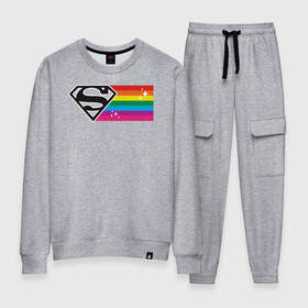 Женский костюм хлопок с принтом Superman Rainbow Logo в Курске, 100% хлопок | на свитшоте круглая горловина, мягкая резинка по низу. Брюки заужены к низу, на них два вида карманов: два 