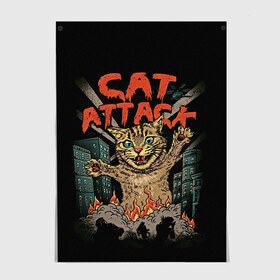 Постер с принтом Нападение гигантского котика в Курске, 100% бумага
 | бумага, плотность 150 мг. Матовая, но за счет высокого коэффициента гладкости имеет небольшой блеск и дает на свету блики, но в отличии от глянцевой бумаги не покрыта лаком | Тематика изображения на принте: attack | attacks | big | cat | cats | catzilla | city | cute | flame | flames | kaiju | kitten | kitty | атака | атакует | большой | город | кайдзю | катастрофа | кот | котенок | котзилла | котик | котострофа | милый | нападает | огонь | огро