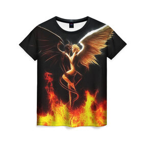 Женская футболка 3D с принтом Angel and demon в Курске, 100% полиэфир ( синтетическое хлопкоподобное полотно) | прямой крой, круглый вырез горловины, длина до линии бедер | добро и зло. | крылья | рога | хвост | чистый и тёмный