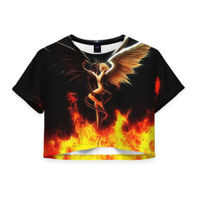 Женская футболка Crop-top 3D с принтом Angel and demon в Курске, 100% полиэстер | круглая горловина, длина футболки до линии талии, рукава с отворотами | добро и зло. | крылья | рога | хвост | чистый и тёмный