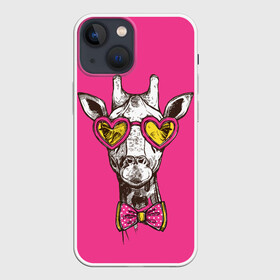 Чехол для iPhone 13 mini с принтом жираф в очках в Курске,  |  | Тематика изображения на принте: графика | животное | жираф | очки | ретро | рисунок жирафа | розовый | сердечки | солнечные очки | хипстер