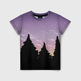 Детская футболка 3D с принтом Лес под ночным небом в Курске, 100% гипоаллергенный полиэфир | прямой крой, круглый вырез горловины, длина до линии бедер, чуть спущенное плечо, ткань немного тянется | вечер | градиент | закат | звездное небо | звезды | лес | небо | очертание | очертание леса | сумерки | тайга | фиолетовый | черный