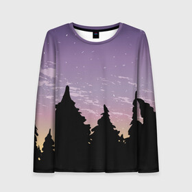 Женский лонгслив 3D с принтом Лес под ночным небом в Курске, 100% полиэстер | длинные рукава, круглый вырез горловины, полуприлегающий силуэт | вечер | градиент | закат | звездное небо | звезды | лес | небо | очертание | очертание леса | сумерки | тайга | фиолетовый | черный