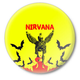 Значок с принтом NIRVANA в Курске,  металл | круглая форма, металлическая застежка в виде булавки | nirvana | smile | ангел | курт кобейн | нирвана | скелет | смайл | телечия мышы